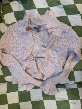 Tie-Front Ruffled Open-Knit Cropped Cardigan - Pale Pink